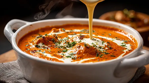 Butter chicken simmering with cream and fenugreek