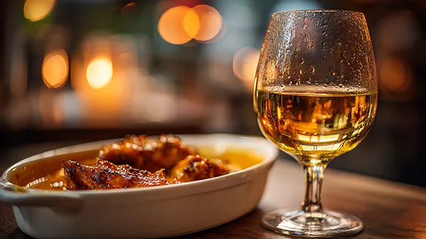 Glass of white wine beside a creamy curry